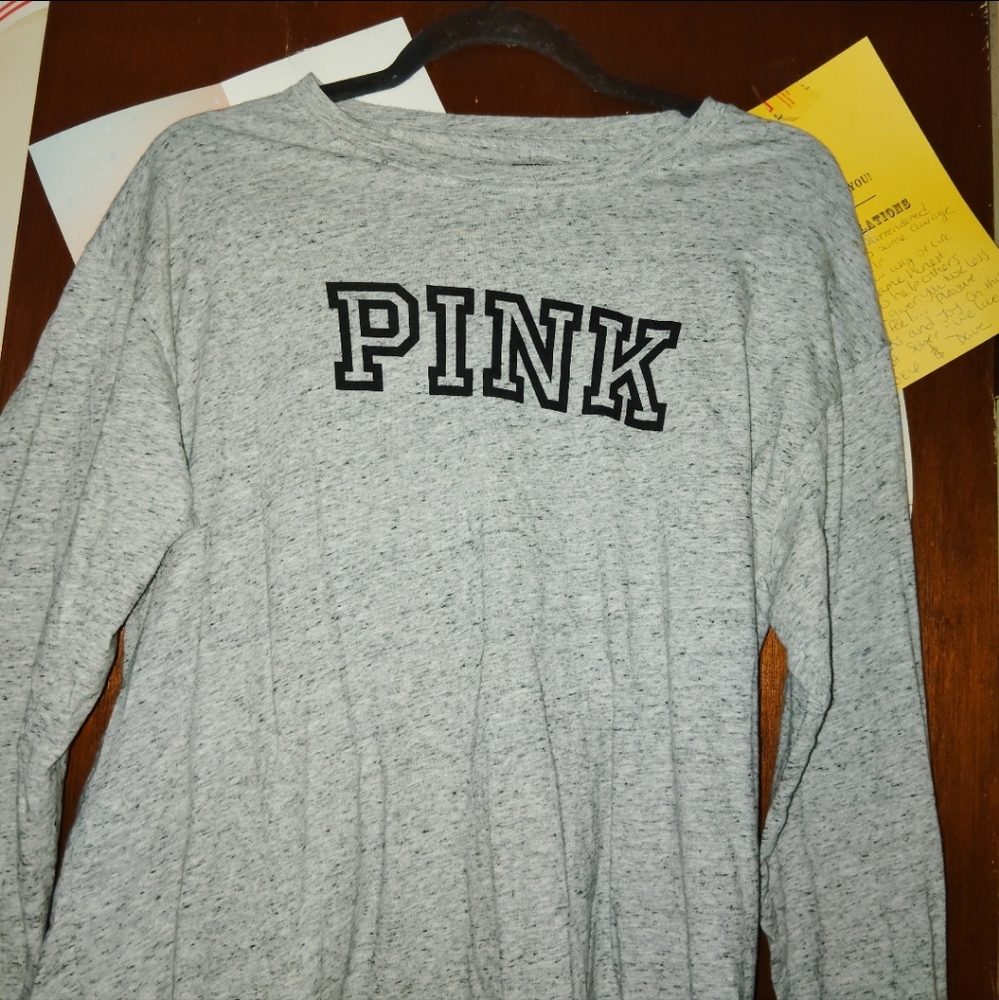 Victoria Secret PINK Grey Logo Long Sleeve Campus Tee - Medium - Picture 3 of 6